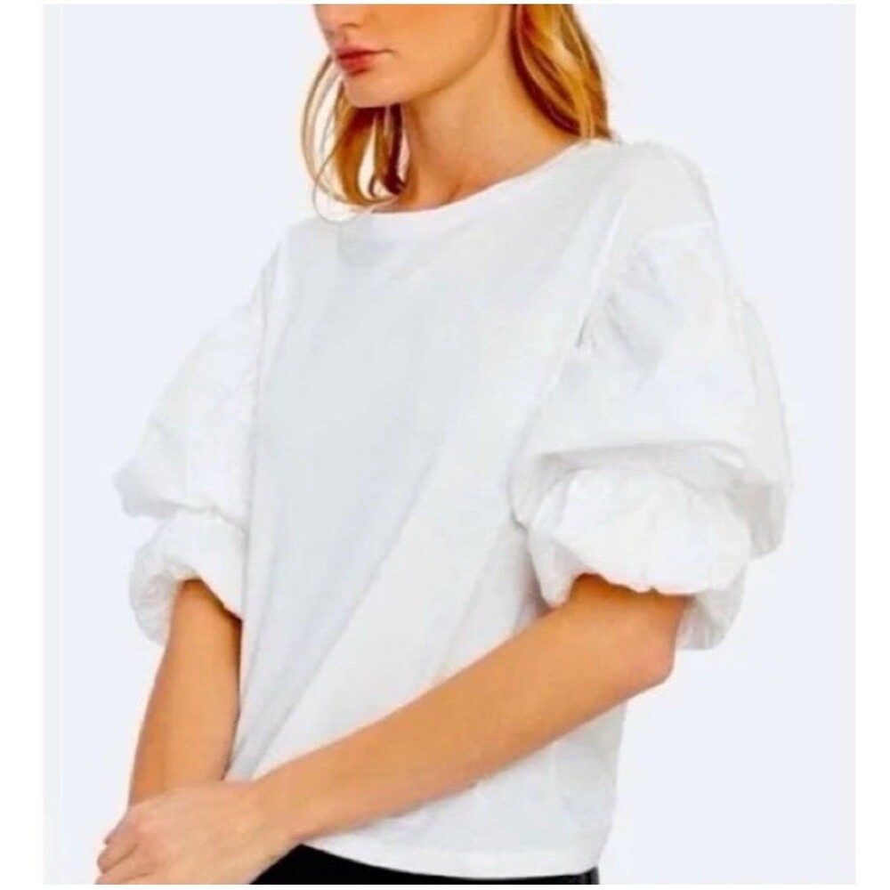 Joie White Bee Puff Sleeve Crewneck Top Cotton T-Shirt Lg